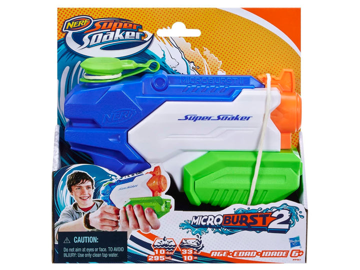 Pistola de agua Nerf Super Soaker Microburst 2 en colores azul, blanco y verde en su empaque.