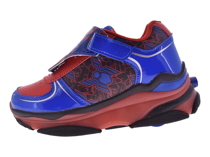Tenis deportivos para niños en colores rojo y azul con diseño temático y cierre de velcro.
