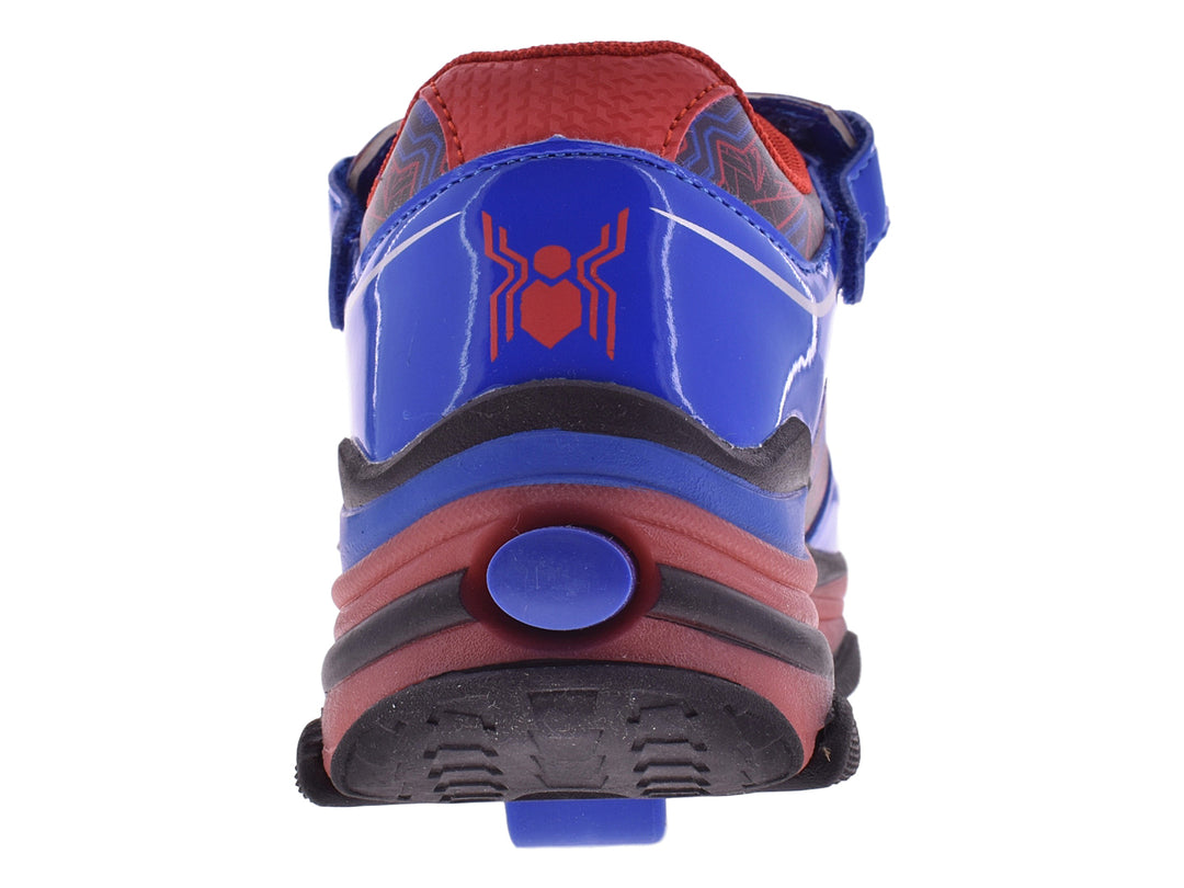 Tenis deportivos para niños en colores rojo y azul con diseño temático y cierre de velcro.