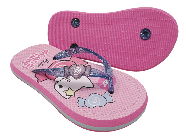 Sandalias rosas con tiras azules brillantes y estampado de gato y dulces para niña.
