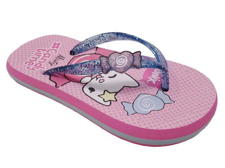 Sandalias rosas con tiras azules brillantes y estampado de gato y dulces para niña.