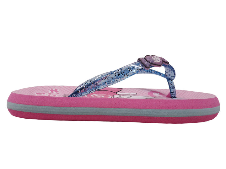 Sandalias rosas con tiras azules brillantes y estampado de gato y dulces para niña.