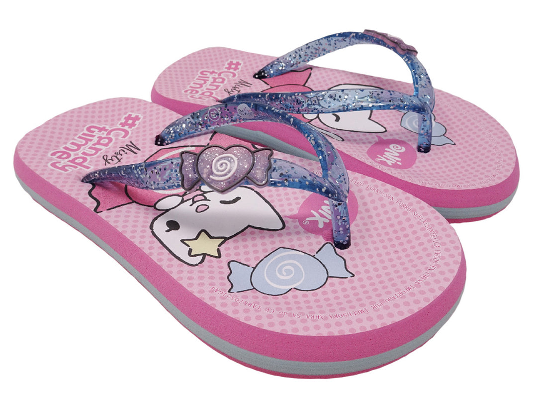 Sandalias rosas con tiras azules brillantes y estampado de gato y dulces para niña.