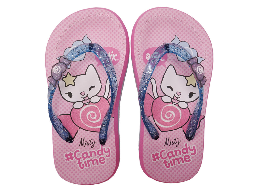 Sandalias rosas con tiras azules brillantes y estampado de gato y dulces para niña.