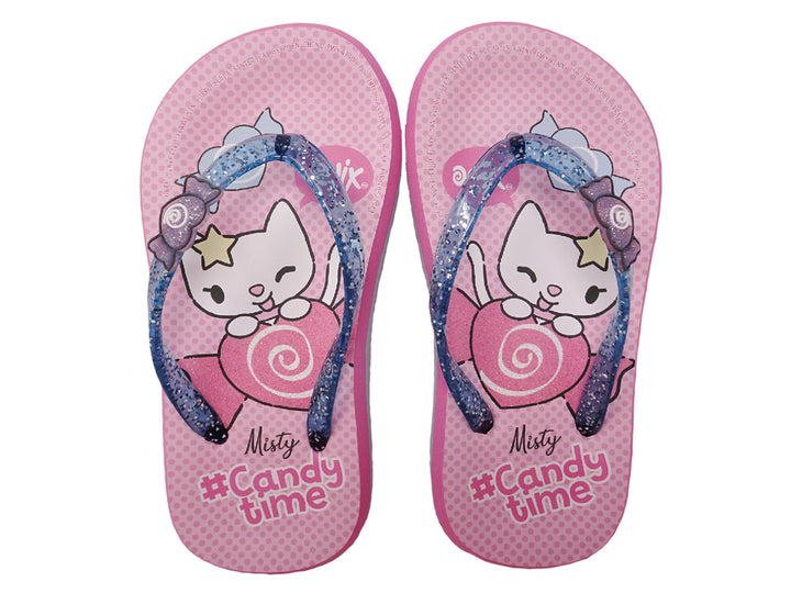 Sandalias rosas con tiras azules brillantes y estampado de gato y dulces para niña.