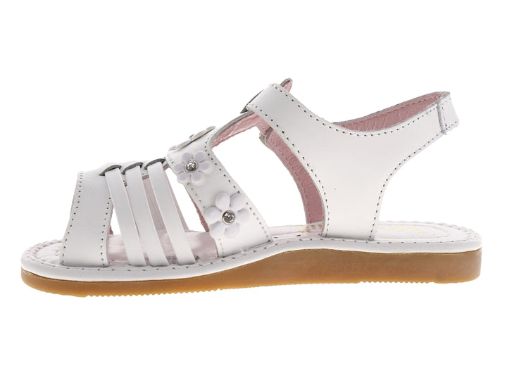 Sandalias blancas para niña con adornos de flores y correa con hebilla.