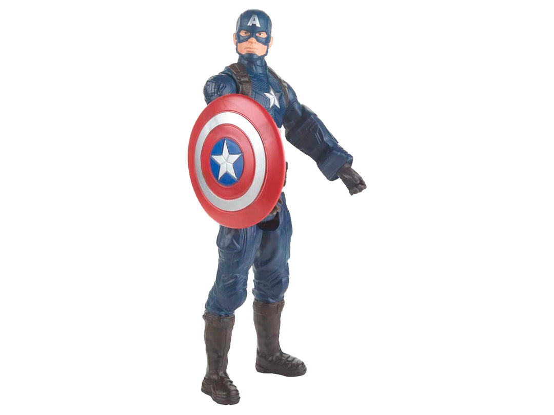 Figura de acción del Capitán América con su escudo circular, traje azul y botas grises.