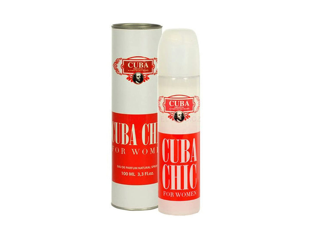 Perfume Cuba Chic para mujer en envase blanco y rojo con su empaque cilíndrico.