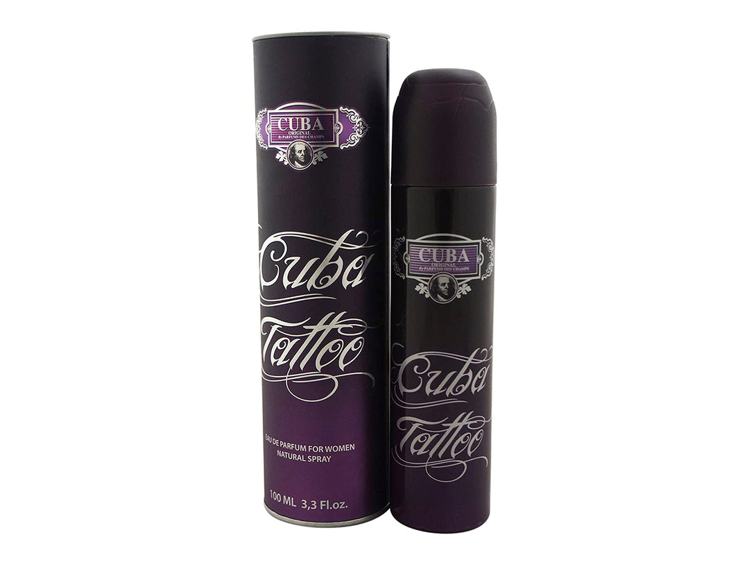 Perfume Cuba Tattoo para mujer, frasco y empaque cilíndricos en color morado oscuro.
