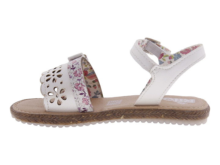 Sandalias blancas para niña con estampado floral y suela marrón.