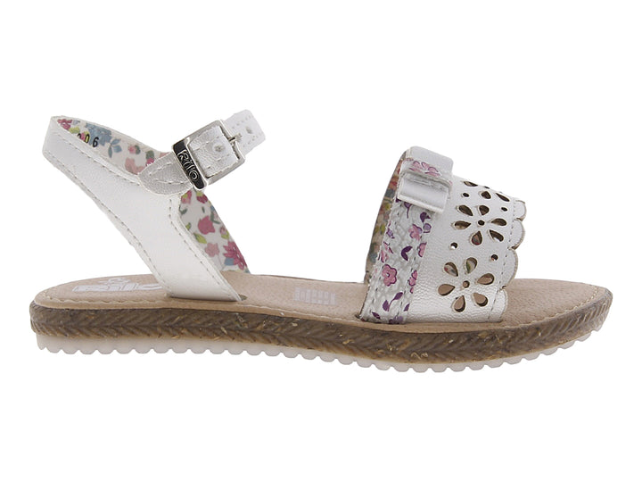 Sandalias blancas para niña con estampado floral y suela marrón.