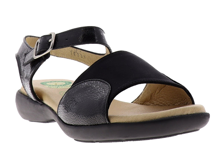 Sandalia negra con correa ajustable y hebilla metálica, plantilla en tono beige.