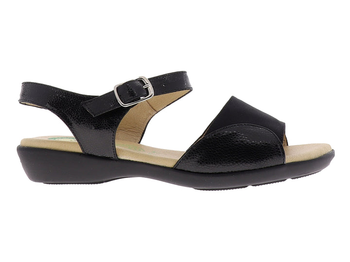 Sandalia negra con correa ajustable y hebilla metálica, plantilla en tono beige.
