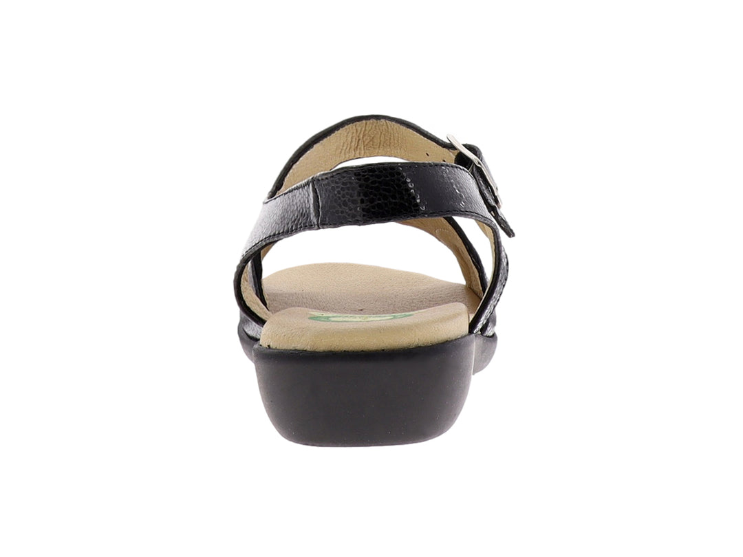 Sandalia negra con correa ajustable y hebilla metálica, plantilla en tono beige.