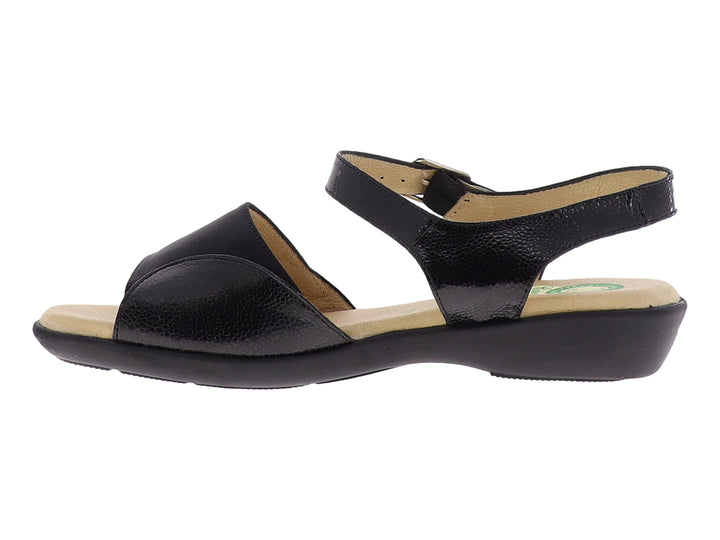 Sandalia negra con correa ajustable y hebilla metálica, plantilla en tono beige.