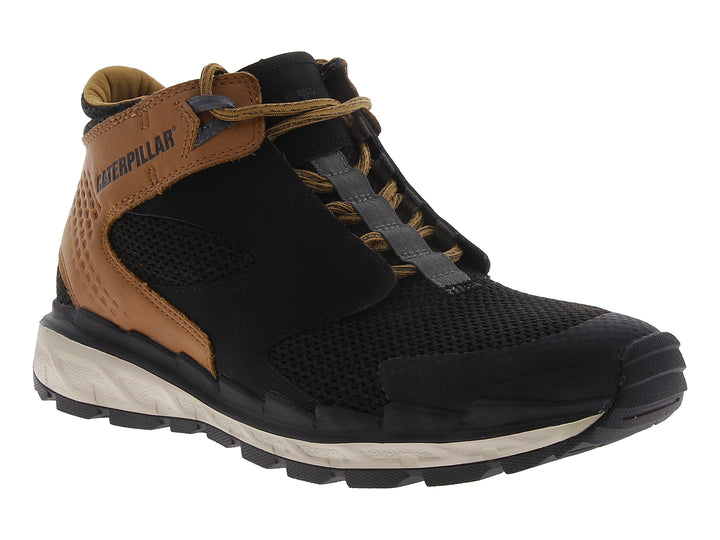Botas Caterpillar Condense para hombre en color negro y marrón con suela beige y tejido de malla.