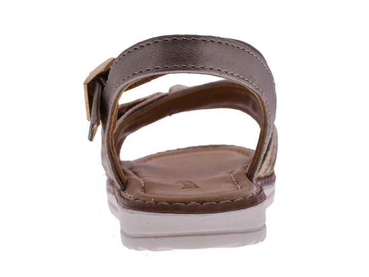 Sandalias doradas para niña con detalle de moño frontal y correa ajustable con hebilla.