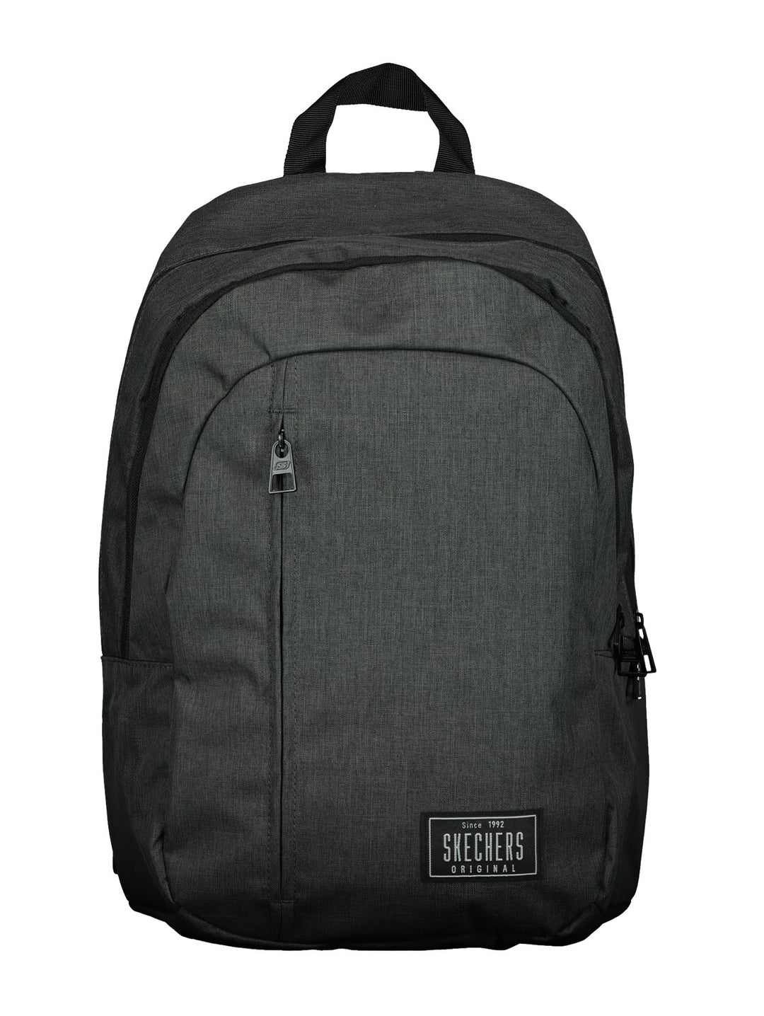 Mochila escolar Skechers de color gris oscuro con detalles en negro y logotipo frontal.