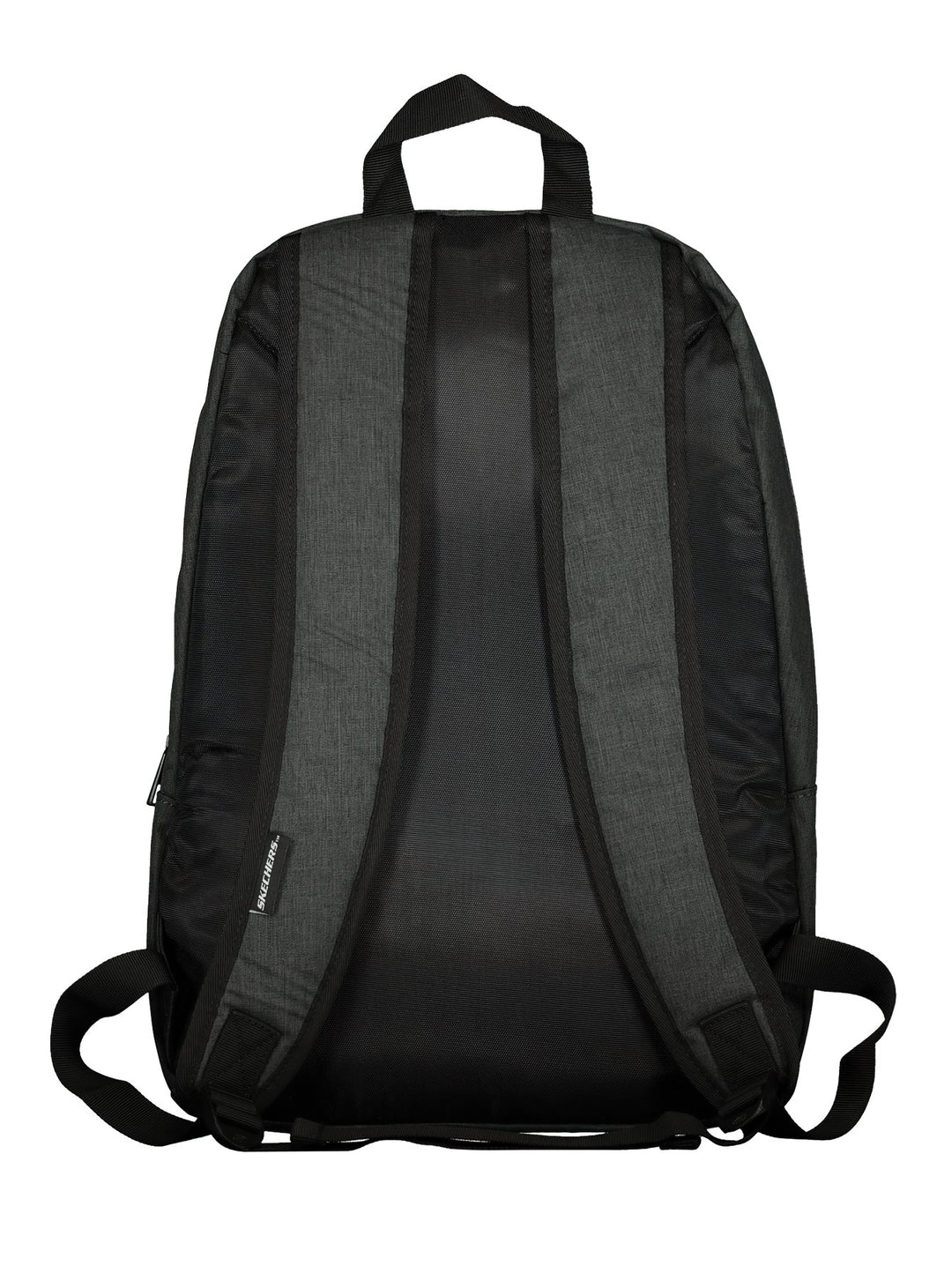 Mochila escolar Skechers de color gris oscuro con detalles en negro y logotipo frontal.