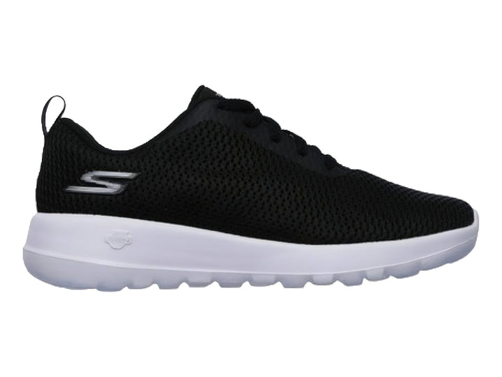 Tenis deportivos Skechers para mujer en color negro con suela blanca y tejido de malla.