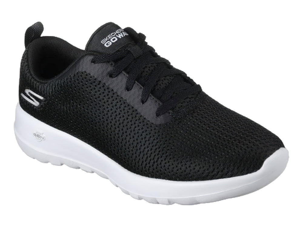 Tenis deportivos Skechers para mujer en color negro con suela blanca y tejido de malla.