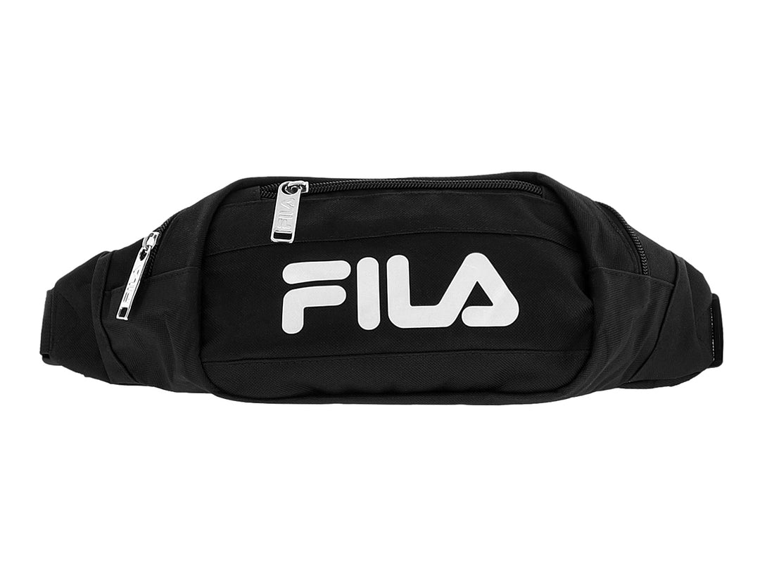 Monedero deportivo FILA de color negro con logotipo blanco frontal y cierre de cremallera.