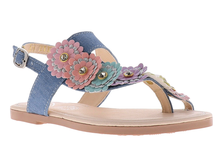 Sandalias de mezclilla azul para niña con aplicaciones de flores multicolores y suela plana beige.