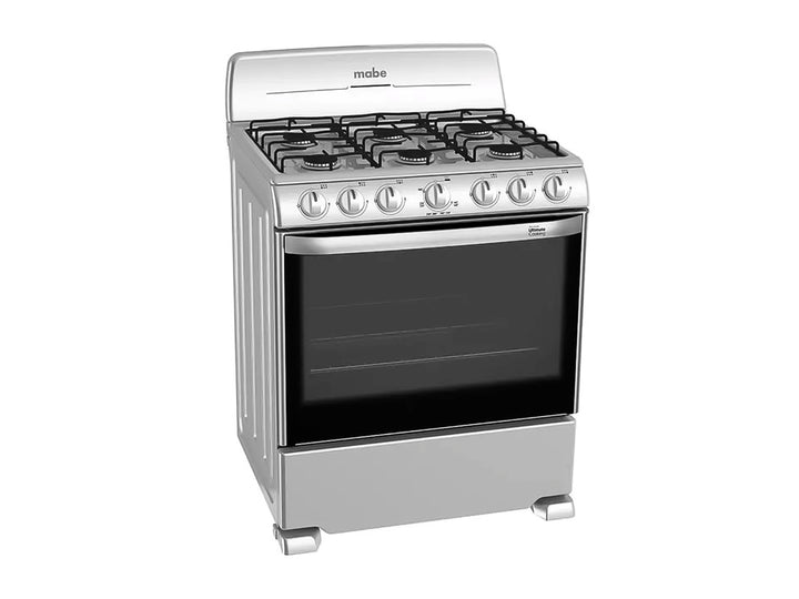 Estufa Mabe de acero inoxidable con horno y quemadores negros.