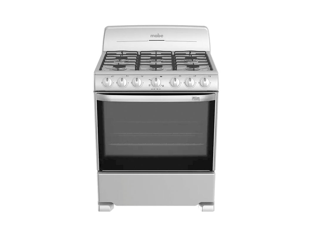 Estufa Mabe de acero inoxidable con horno y quemadores negros.