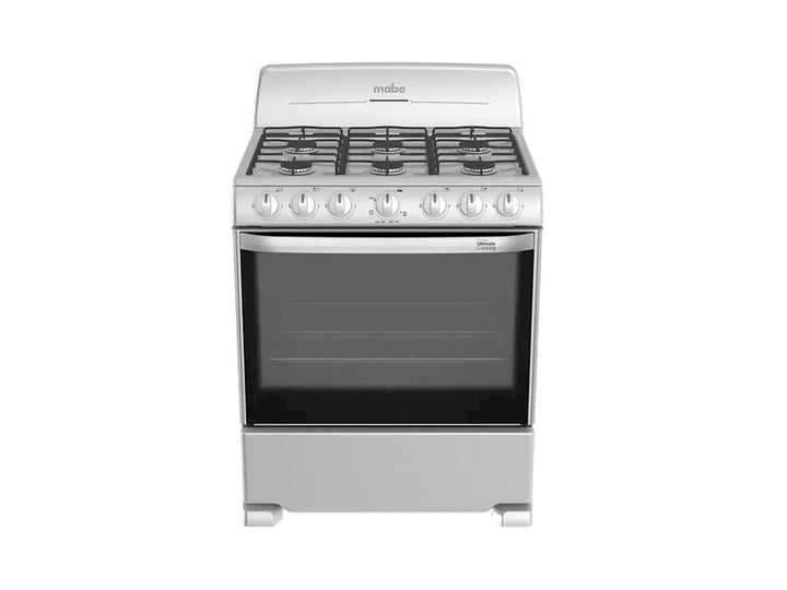 Estufa Mabe de acero inoxidable con horno y quemadores negros.