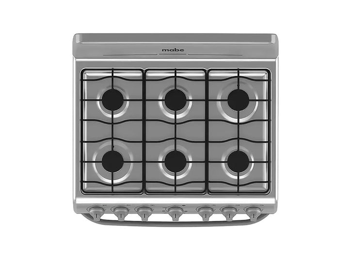 Estufa Mabe de acero inoxidable con horno y quemadores negros.