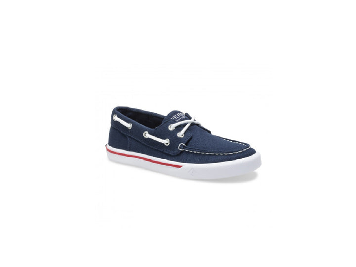 Zapato náutico Sperry azul marino para niño con suela blanca y un detalle en rojo.