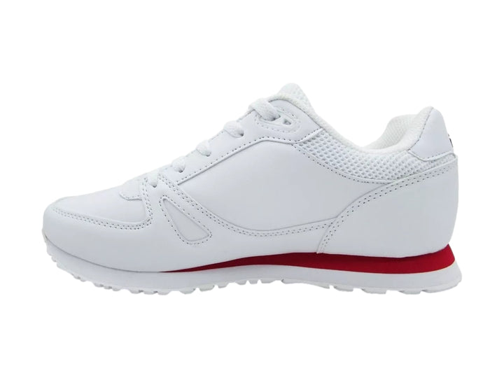 Tenis FILA CRESS blancos con una franja roja en la suela y logotipo lateral.
