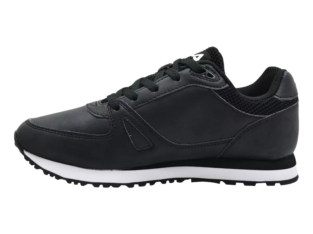 Tenis deportivos FILA de color negro con suela blanca y logotipo lateral.