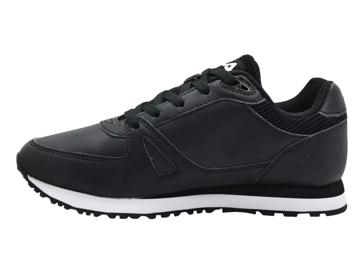 Tenis deportivos FILA de color negro con suela blanca y logotipo lateral.