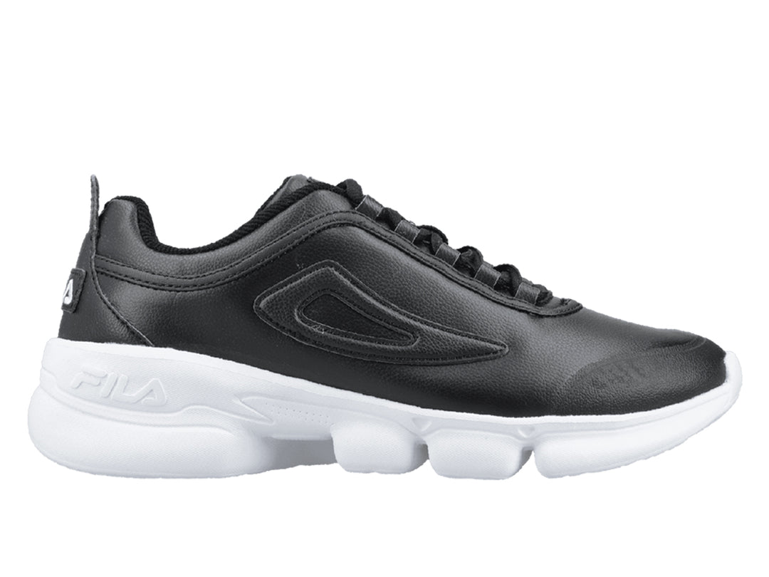 Tenis FILA negros con suela blanca gruesa y diseño deportivo.