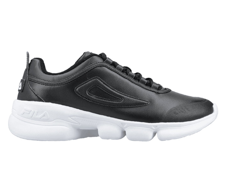 Tenis FILA negros con suela blanca gruesa y diseño deportivo.