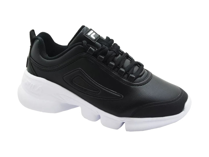 Tenis FILA negros con suela blanca gruesa y diseño deportivo.