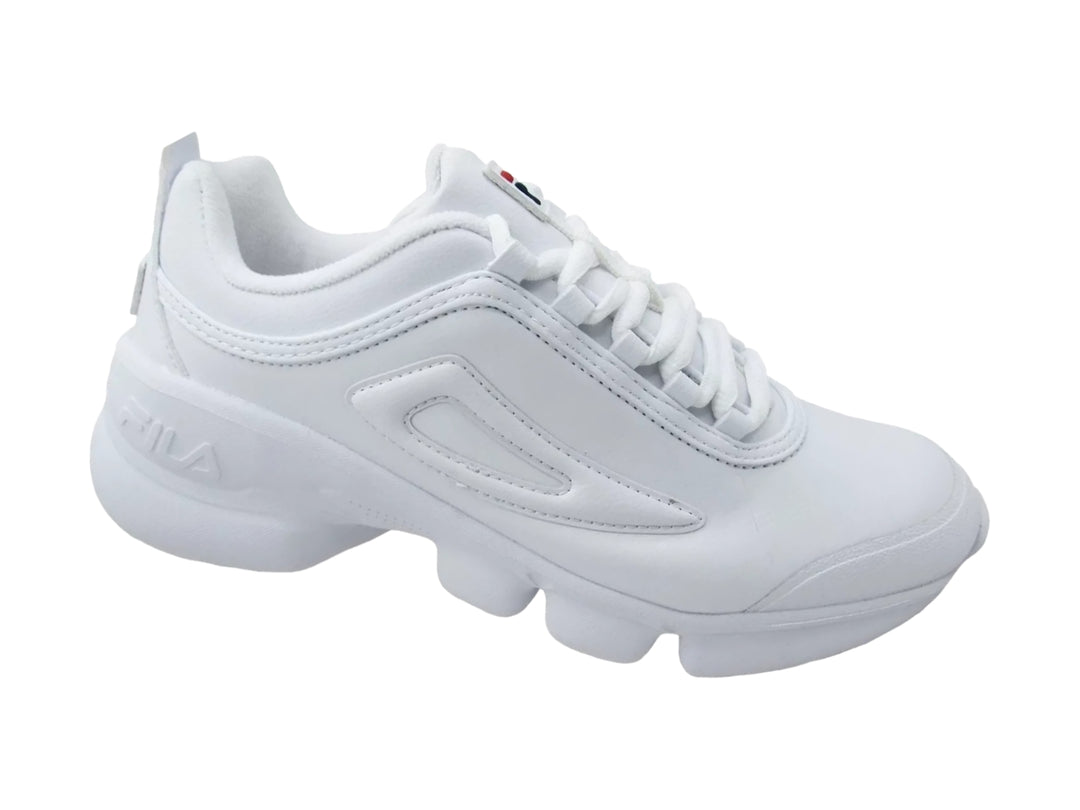 Tenis FILA blancos de diseño deportivo con suela gruesa y plataforma.