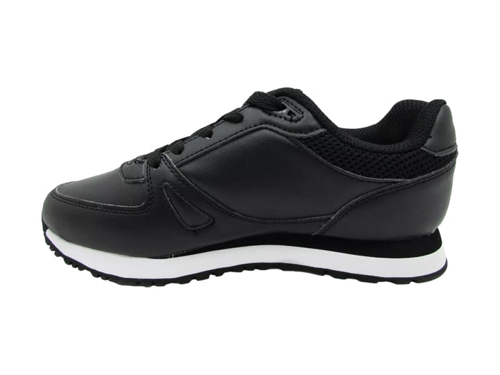 Tenis deportivos FILA color negro con suela blanca y logotipo blanco en el costado.