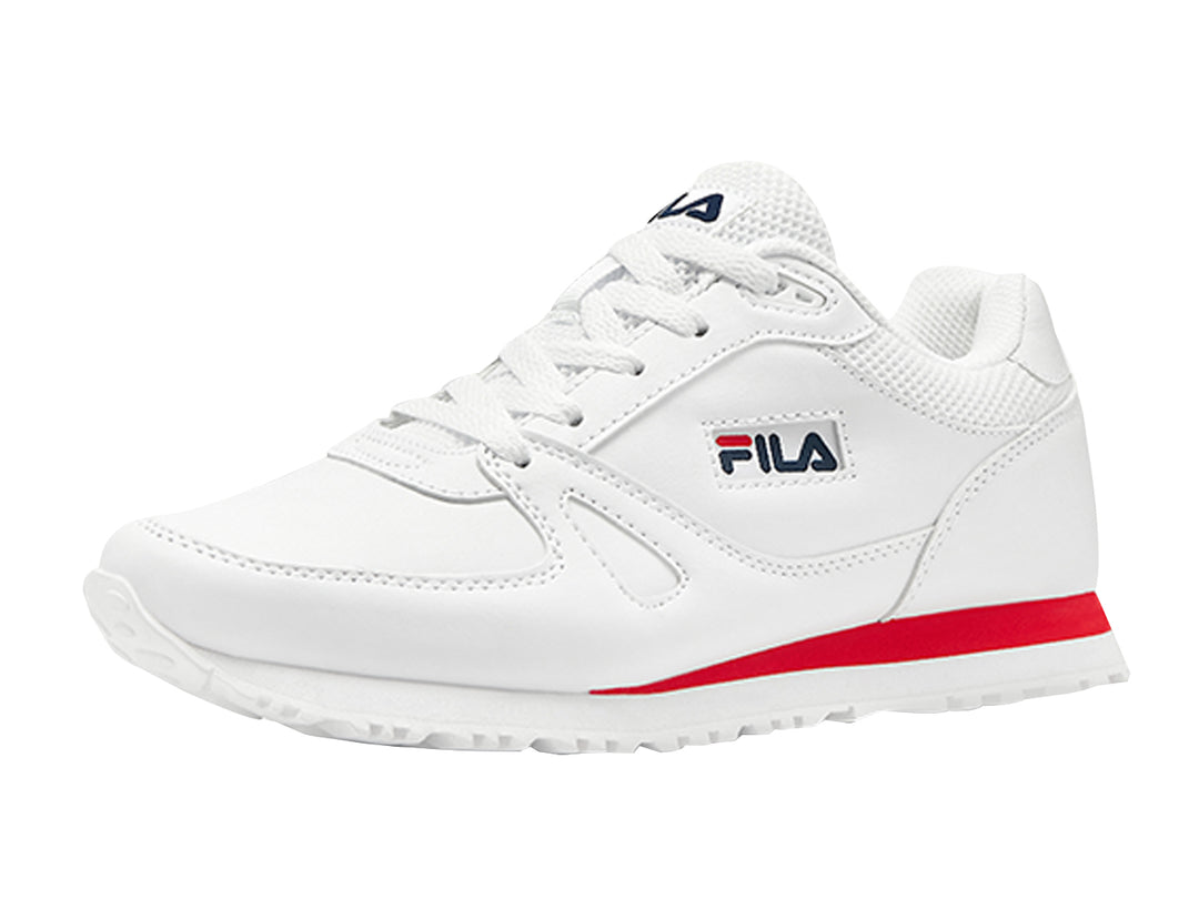 Tenis deportivos FILA blancos para mujer con franja roja en la suela y logotipo lateral.