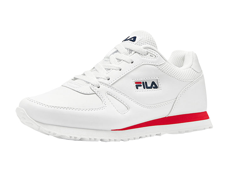 Tenis deportivos FILA blancos para mujer con franja roja en la suela y logotipo lateral.