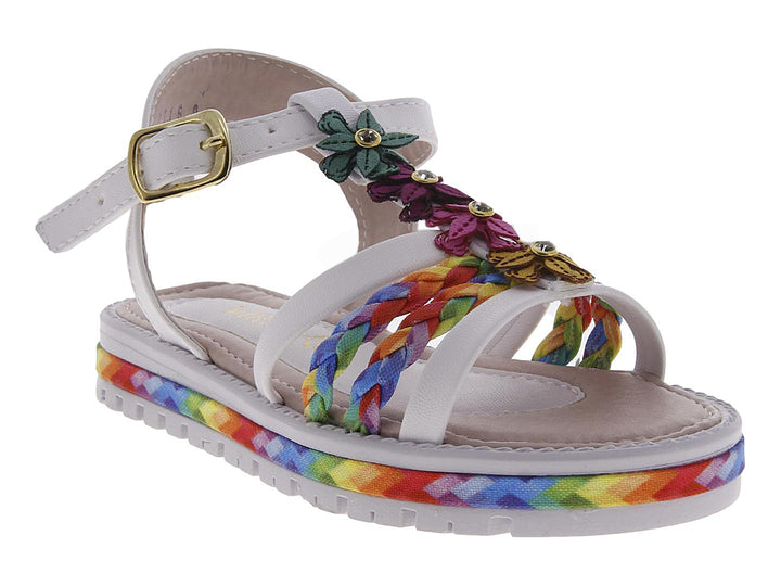 Sandalia blanca para Niña con correas trenzadas multicolores y adornos de flores.