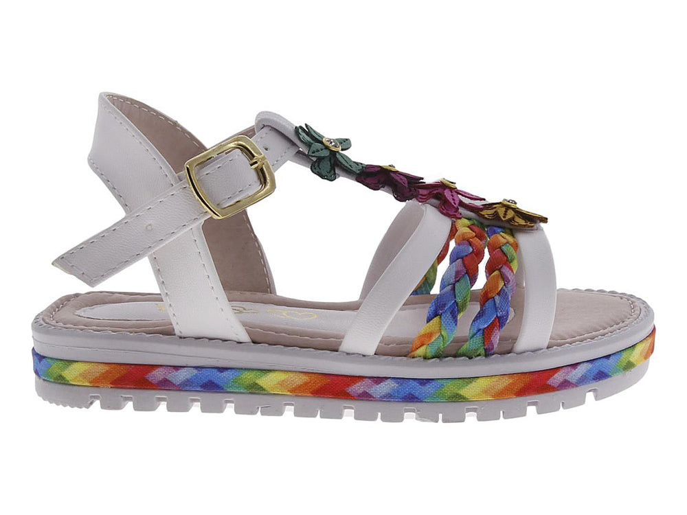 Sandalia blanca para Niña con correas trenzadas multicolores y adornos de flores.