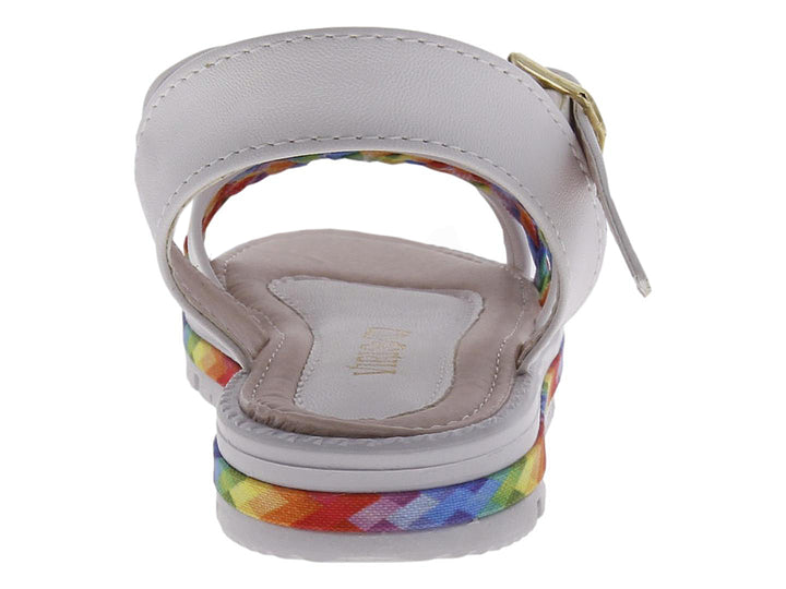 Sandalia blanca para Niña con correas trenzadas multicolores y adornos de flores.