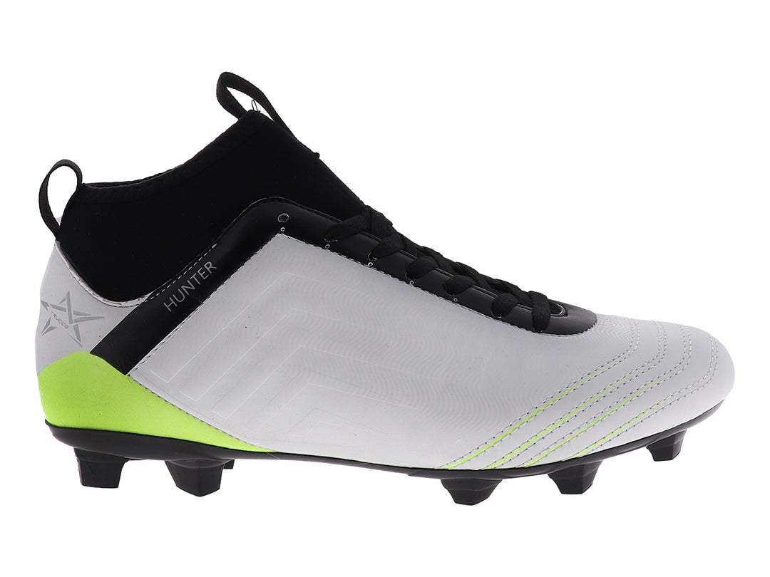 Calzado de fútbol Leon Trucco Hunter color blanco con detalles en negro y verde neón.