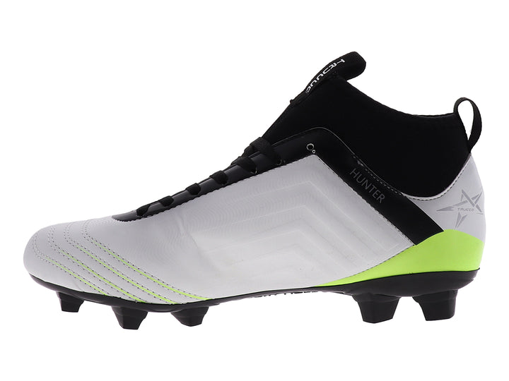 Calzado de fútbol Leon Trucco Hunter color blanco con detalles en negro y verde neón.