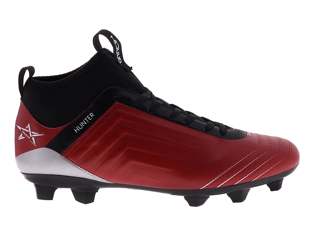 Botín de fútbol Leon Trucco Hunter en color rojo y negro con tacos para pasto.