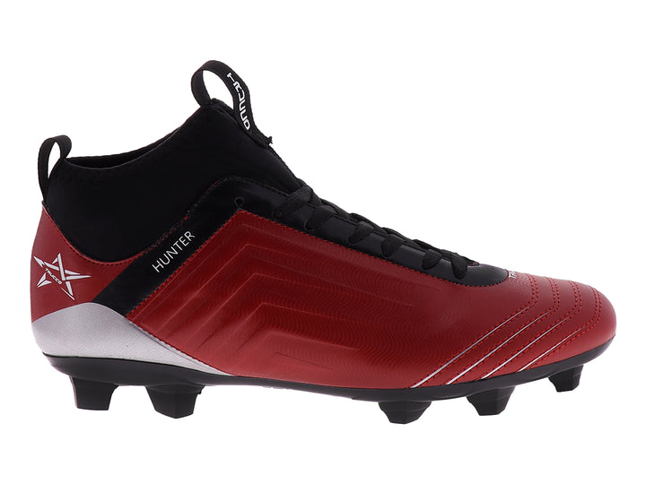 Botín de fútbol Leon Trucco Hunter en color rojo y negro con tacos para pasto.