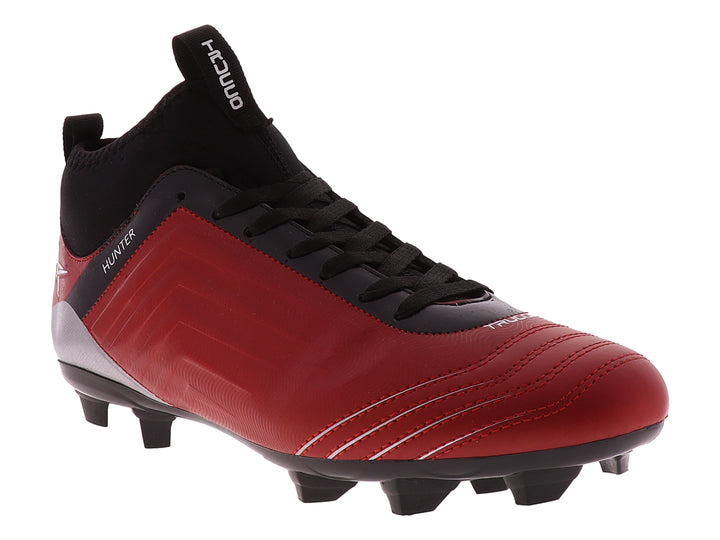 Botín de fútbol Leon Trucco Hunter en color rojo y negro con tacos para pasto.